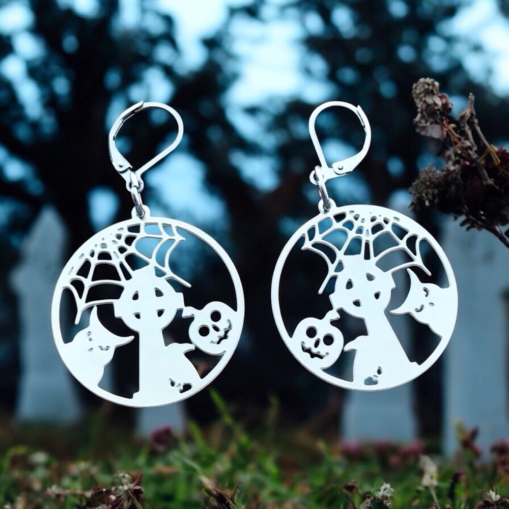 🆕 Tombstone,Owl, Raven, Pumpkin, Spiderweb Laser Etched Earrings Stainless Steel